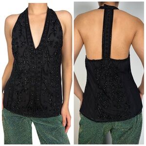 Ralph Lauren Beaded Halter Top Dress Blouse Black Evening Formal Tank 90s y2k S
